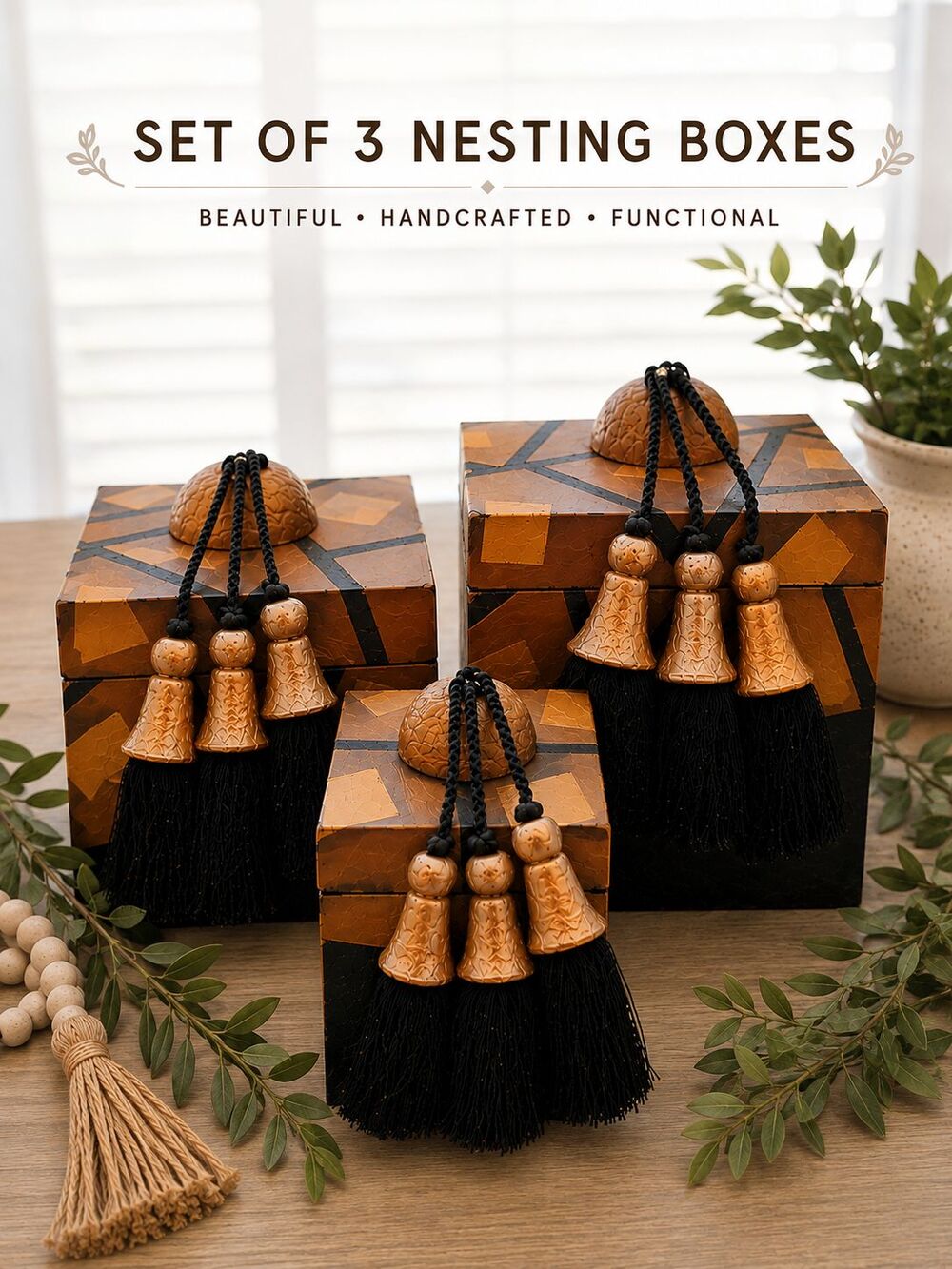Set of 3 Handmade Wooden Nesting Trinket Keepsake Boxes Black Gold Tassel Decor